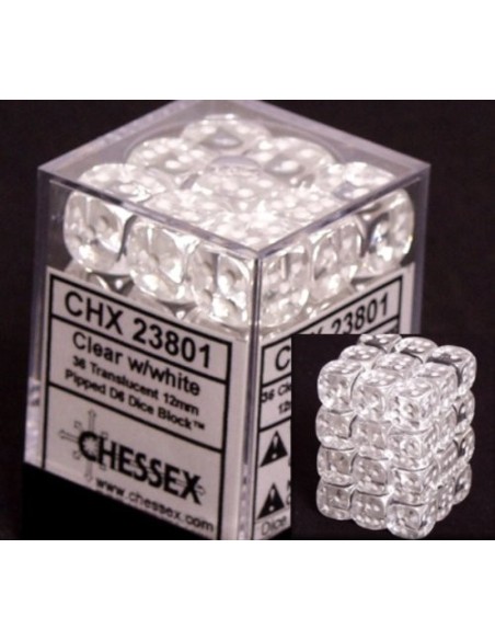 Translucent 12mm d6 Clear/white Dice Block (36 dados)