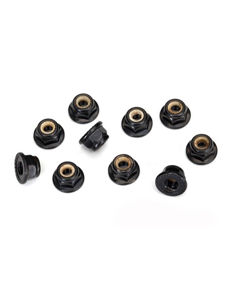 Nuts, 4mm flanged nylon locking, serrated (black) (10)