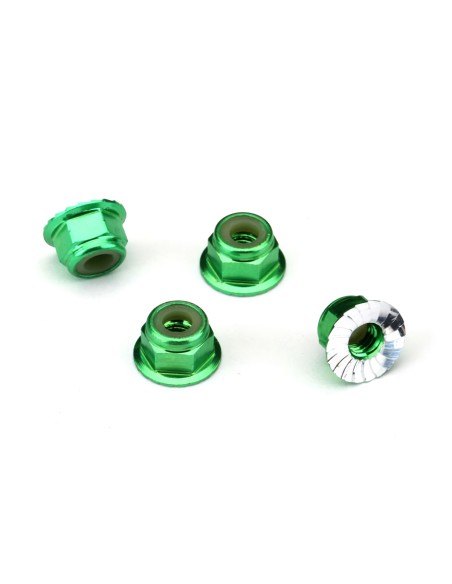 Nuts, aluminum, flanged, serrated (4mm) (green-anodized) (4)