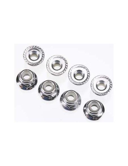 Nuts, 4mm flanged nylon locking (steel, serrated) (8)